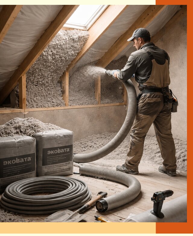 Утепление мансарды эковатой в Усолье-Сибирском от 2270 руб/м2 — монтаж, задувка, цена | ТепломастерСль